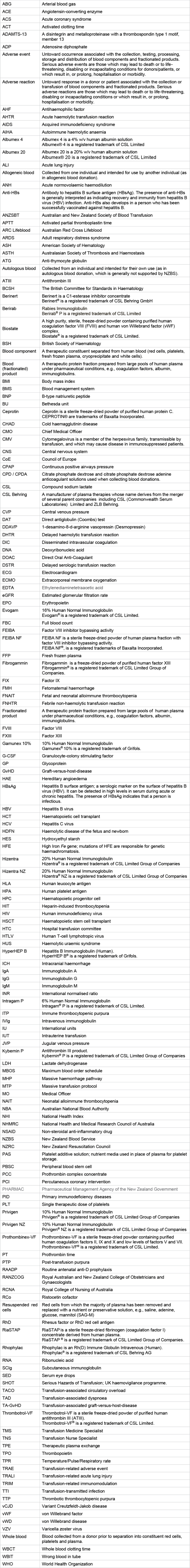 Abbreviations and Glossary New Zealand Blood Service